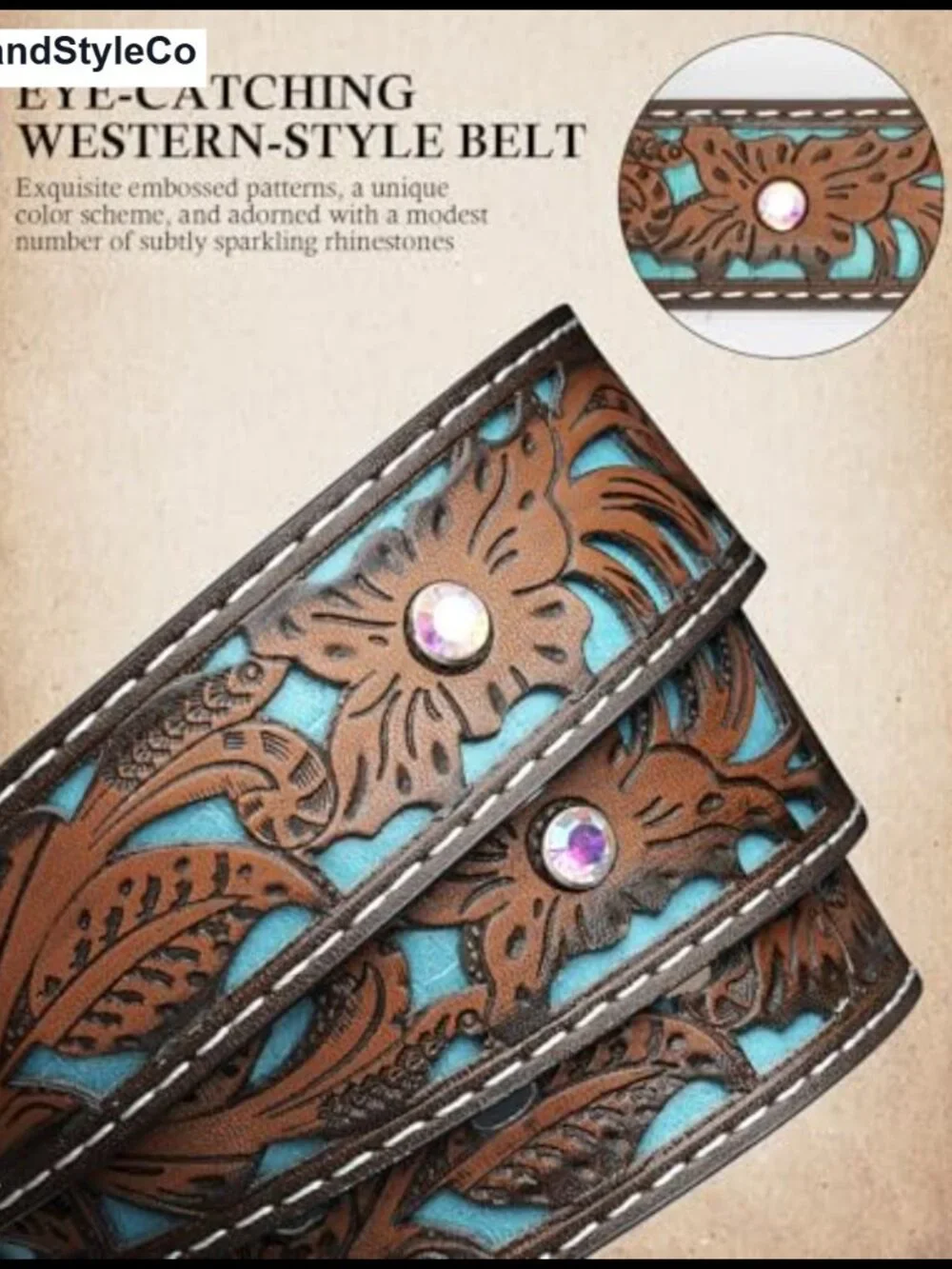 Western Belt Faux Leather Rhinestone Carved Buckle Women Men Cowgirl